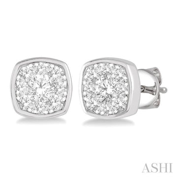 1/2 Ctw Cushion Shape Round Cut Diamond Lovebright Bezel Stud Earring in 14K White Gold